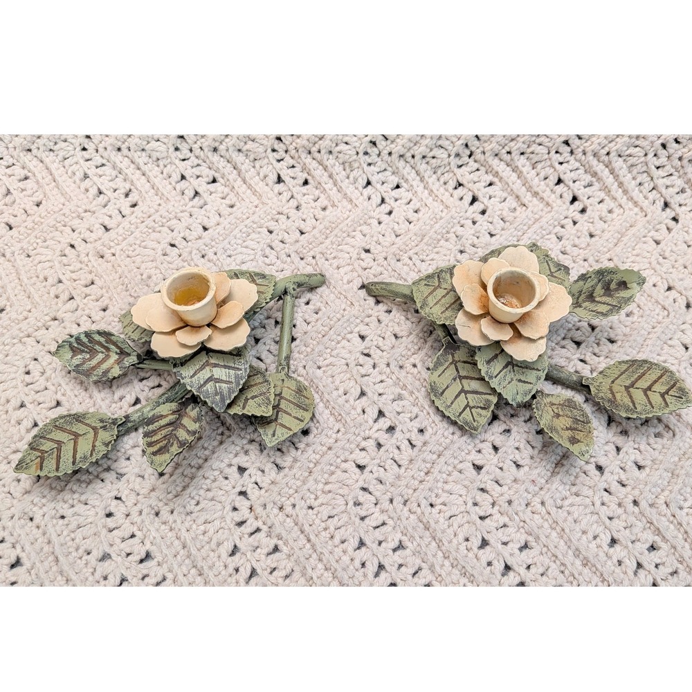 Vintage Metal Rose Floral Taper Candle Holders Pair Green Cream 9x6 Cottagecore